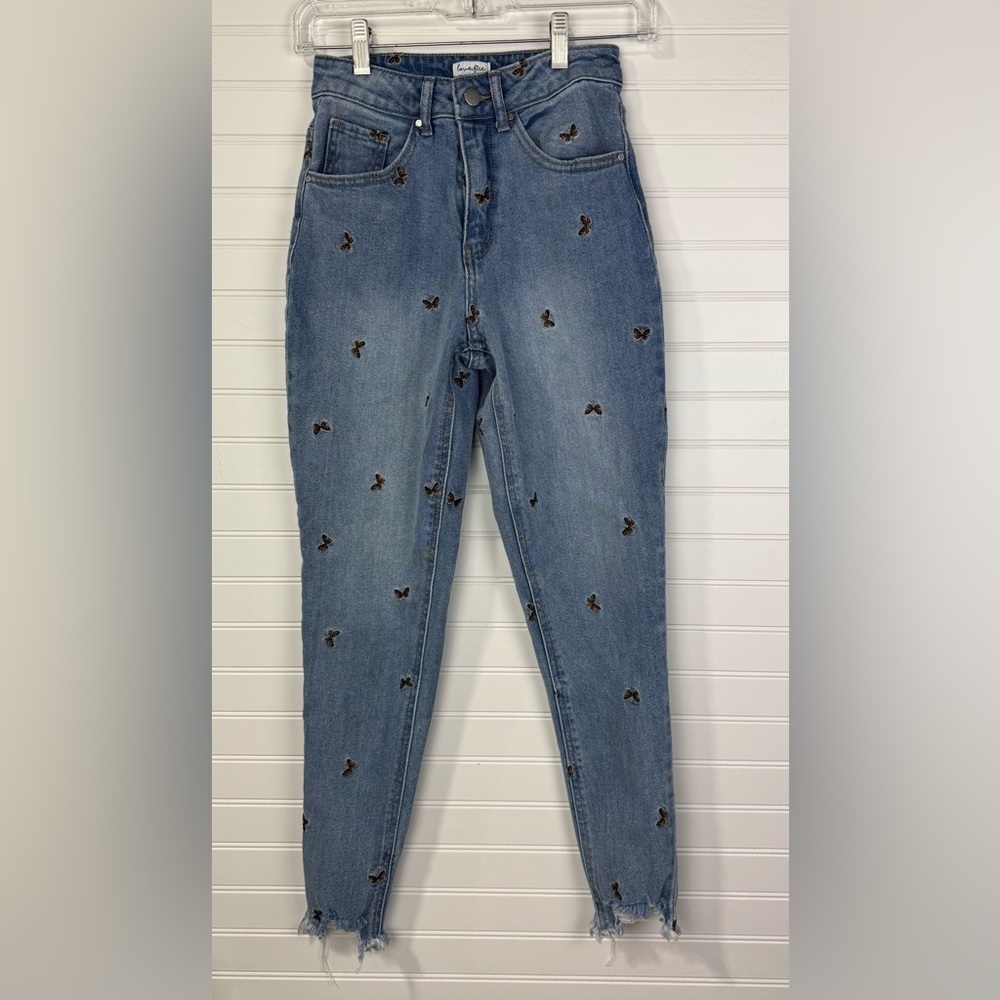 love, Fire High Rise Light Blue Embroidered Butterfly Jeans